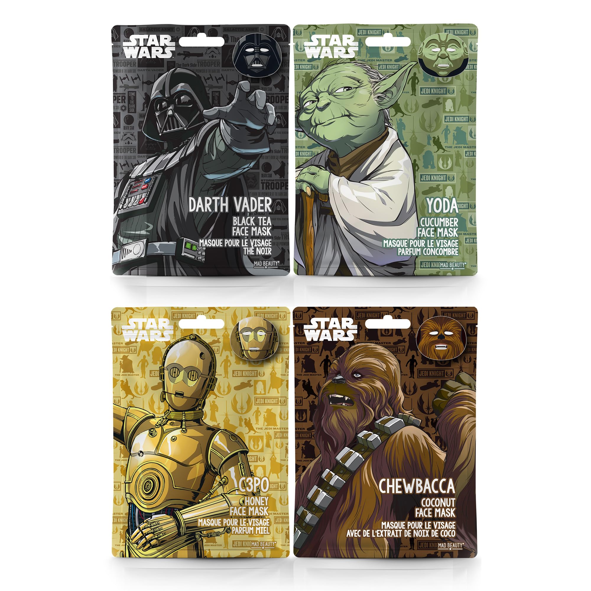 Star Wars Cosmetic Sheet Face Masks Set x4 | MAD Beauty | Yoda, Darth Vader, Chewbacca, C3PO | Cucumber, Black Tea, Coconut, Honey - Fun Hydrating Gift for Fans, Men and Women