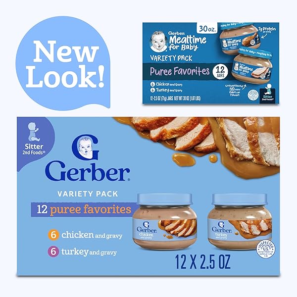 GERBER BABY FOODS 2ND FOODS MEAT VARIETY PACK, CHICKEN & TURKEY, MEALTIME FOR BABY, 2.5 OUNCE JAR (PACK OF 12)