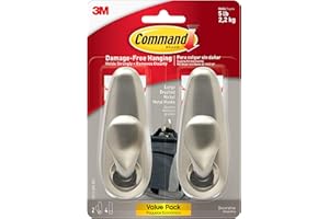 Command 5 lb Large Brushed Nickel Metal Hooks, 2 Coat Hooks and 4 Command Strips, Damage-Free Hanging with Adhesive, Great for Christmas Decorations