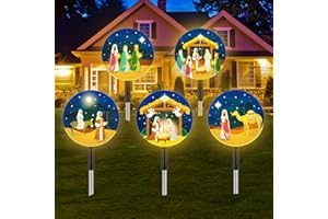 AKAIXI Nativity Scene Solar Light Christmas Outdoor Decorations 5-in-1 Yard Nativity Lights Stakes Outdoor LED Lights Solar Powered for Yard Pathway Garden Lawn Holiday Decor - 1 Set