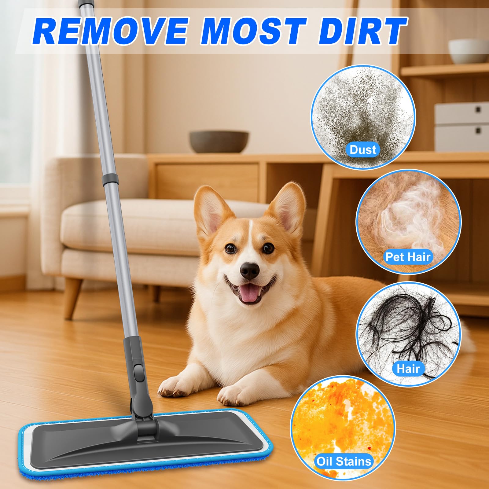 Microfiber Mops for Hardwood Floor Cleaning - BPAWA Flat Floor Mop with 4 Washable Pads for Laminate Wood Tile Vinyl Home Kitchen Bathroom - 59