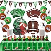 140PCS Football Party Supplies Tableware Set Serve 24, Football Birthday Party Decorations Includes Plates Napkins Cups Banner Balloons Cake ToppersTablecloth for Football Themed Party Supplies