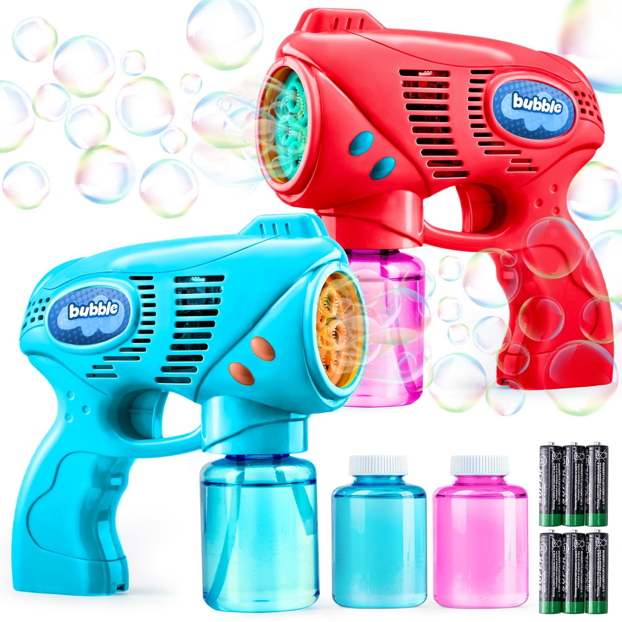 JOYIN 2 Bubble Guns Age 3+ with 2 Bubble Solution (10 oz/260ml Total), Bubbles Maker, Blower, Machine Gun Blaster for Kids, Toddlers, Outdoors Activity, Party Bag Favors, Birthday Gift(Blue+Red)