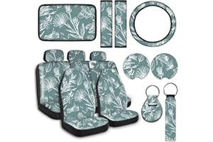 JINGSEN 15 PCE Snowflake Leaf Car Seat Covers Full Set for Women Car Steering Wheel Cover Center Console Armrest Cushion Headrest Seat Belt Key Chain Cute Seat Covers for Cars(Abstract Art 5)