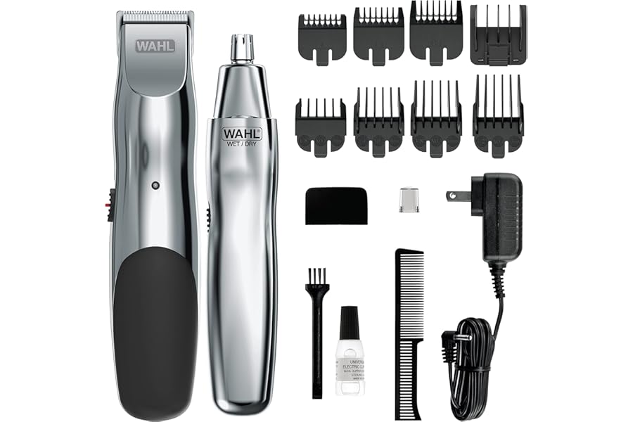 Wahl Groomsman Rechargeable Beard Trimmer kit for Mustaches, Nose Hair, and Light Detailing and Grooming with Bonus Wet/Dry Battery Nose Trimmer – Model 5622v