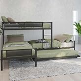 IHDKO Oversized L-Shaped Triple Bunk Bed with Trundle for Kids, Metal Quad Bunk Beds Twin Over Twin for 4 Kids, Modern 3 Bunkbeds with Ladders &amp; Guardrails for Teens Girls Boys Adults, Black