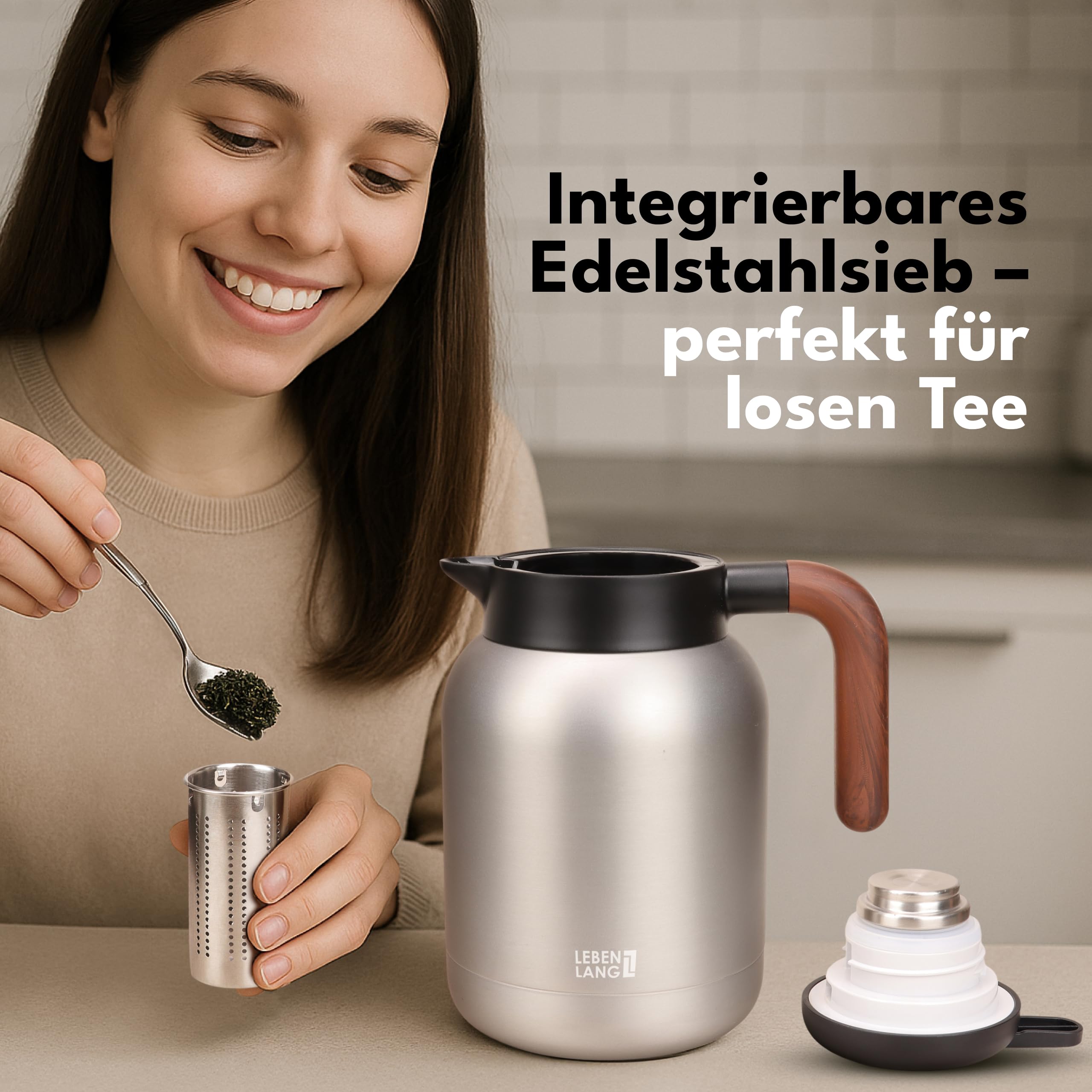 LEBENLANG Thermoskanne 1,5L Keramikbeschichtung - Inkl. Teesieb & 24h Heiß 5