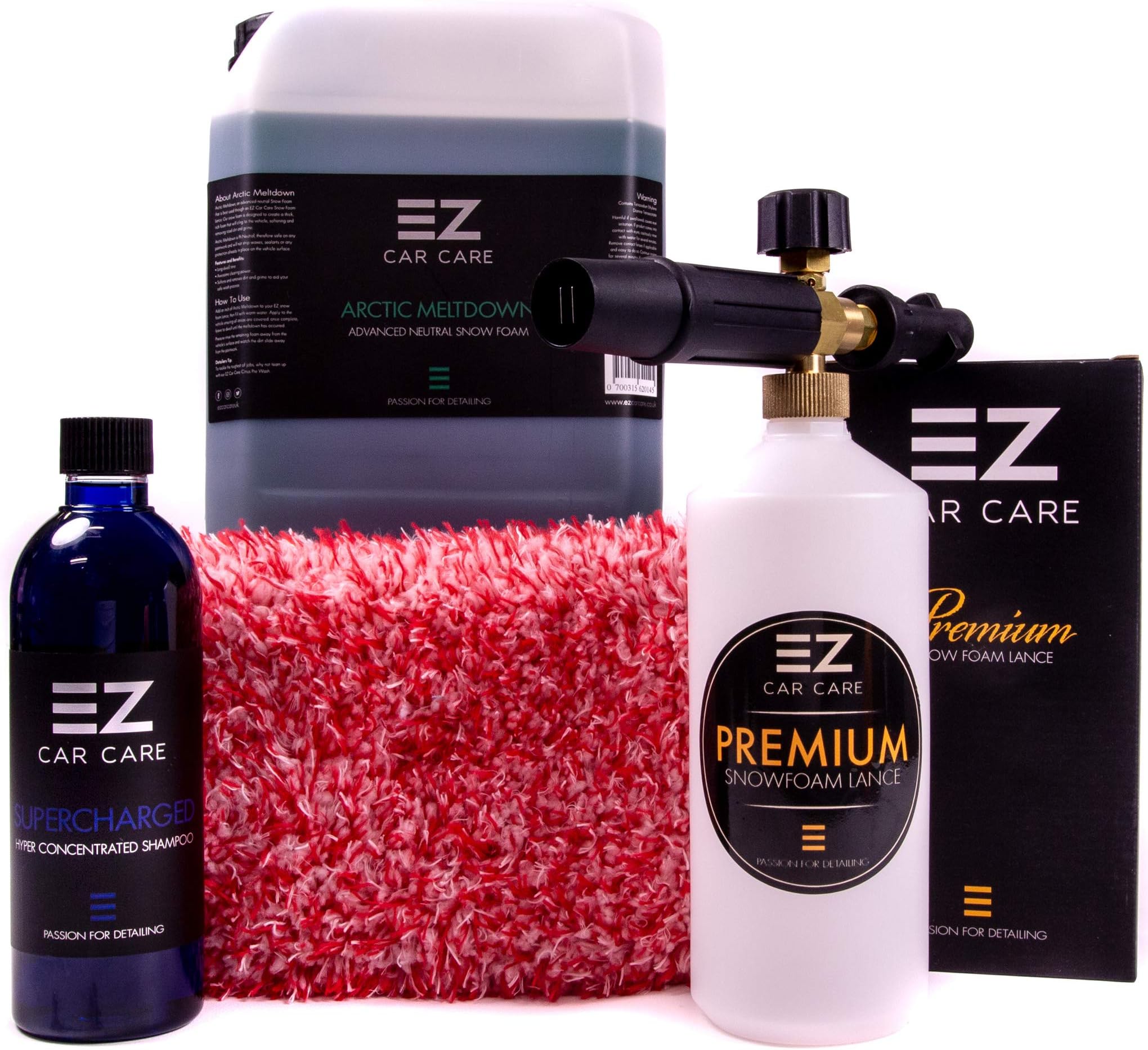 EZ Car Care Snow Foam Lance Gun Kit + 5L Arctic Meltdown Snow Foam With SuperCharged Shampoo and Microfibre Wash Pad (Karcher K Series)
