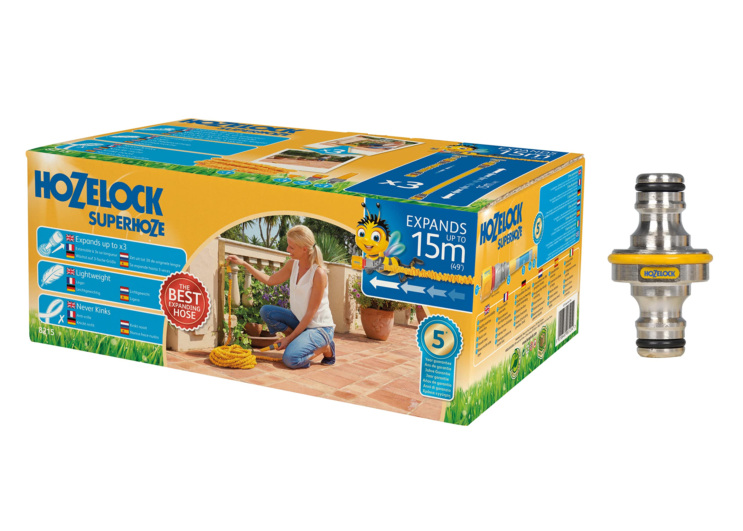 Hozelock 15m Superhoze Hosepipe, Yellow & Grey & Pro Metal Double Male Hose End Connector