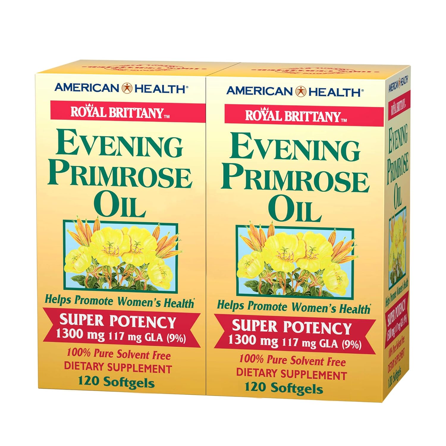 American Health Royal Brittany Evening Primrose Oil Softgels, 2 Pack - Promotes Women's Health - Nutritional Support for Women With PMS - Non-GMO, Gluten-Free - 1300 mg, 120 Count, 240 Total Servings : Evening Primrose Herbal Supplements : Beauty