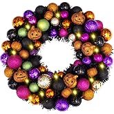 18 Inch Halloween Ball Wreath with Lights and Pumpkin Ornaments | Spooky pumpkin decor for front door window wall, Indoor/Outdoor Use, Lightweight Hanging Garland for Halloween Theme Party