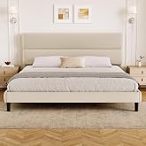 GRUSIGN King Size Platform Bed Frame with Velvet Headboard, Adjustable Height Wooden Slats Support, Upholstered Mattress Foundation, Fits Mattress or Mattress with Box Spring, Easy Assembly, Beige