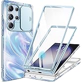 GVIEWIN for Samsung Galaxy S23 Ultra Case with Slide Camera Cover, [Built-in Screen Protector] [2 Front Frames] Military Grade Shockproof, Marble Protective Phone Case 6.8", Aurora/Azure Blue