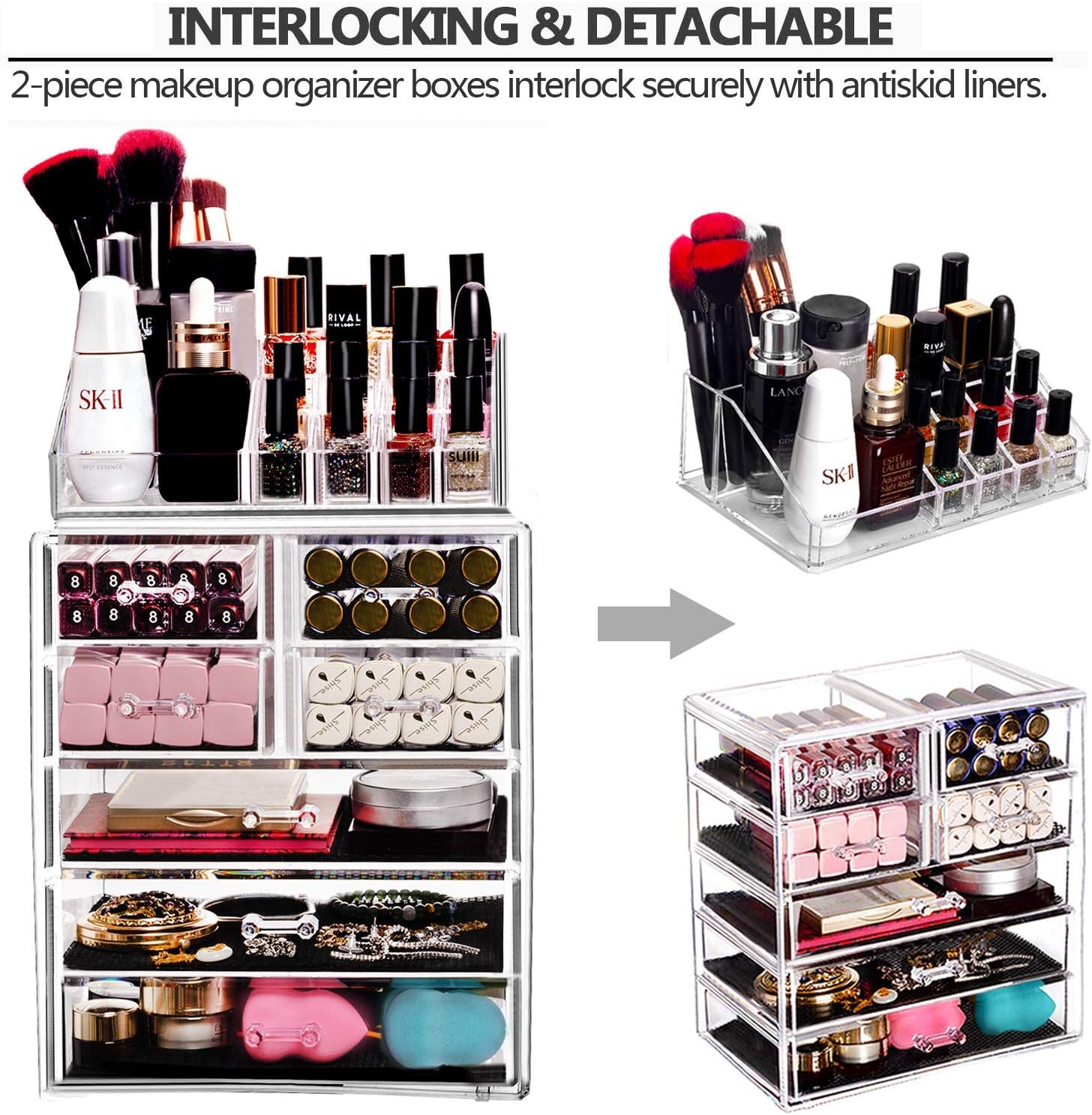 HBlife Makeup Organizer with Bigger Drawers 2 Pieces Acrylic Jewelry and Cosmetic Storage Display Box, Fit for Most Makeup Palettes: Home Improvement