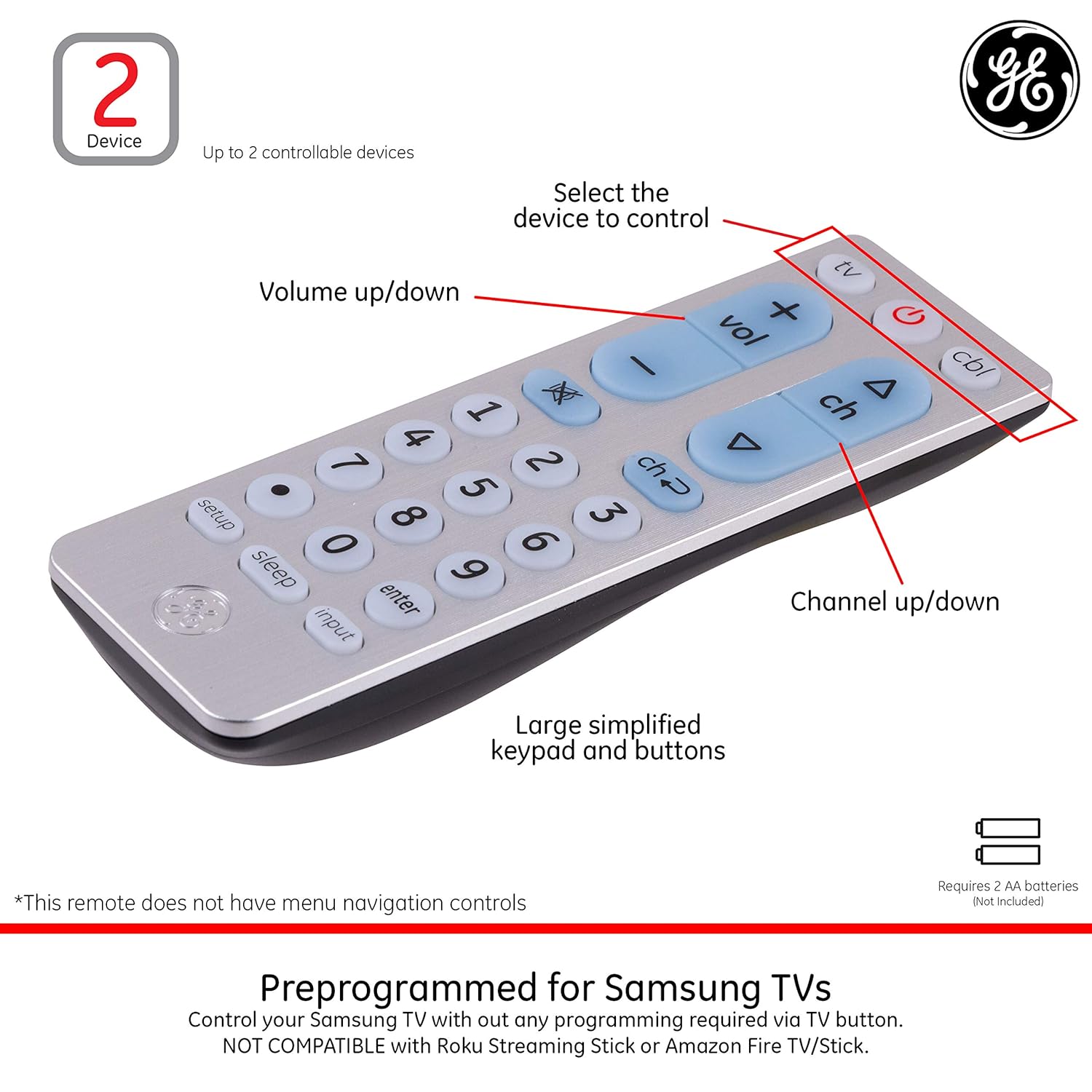 Amazon.com: GE 2 Device Universal Remote, Works with Smart TVs, LG, Vizio,  Sony, Blu Ray, DVD, DVR, Roku, Apple TV, Streaming Players, Simple Setup,  ...