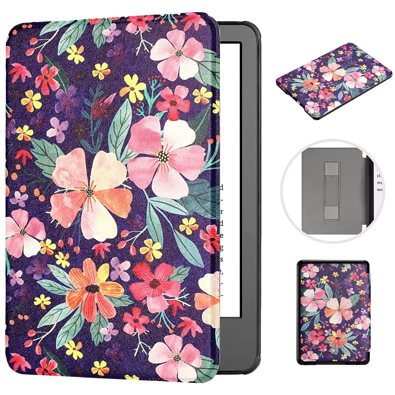 MOKASE for 6" Kindle Paperwhite 5/6/7th Generation Case 2012,2013,2015,2016 Version (Model: EY21 / DP75SDI), Slim PU Leather Hard Cover with Hand Strap for Kindle Paperwhite 6 inch, Purple Flowers