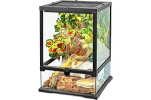 BINANO 18x12x12 12 Gallon Glass Reptile Tank Front Opening Terrarium Suitable for Leopard Geckos, Snakes Tree Frogs Chameleons Watertight Base, Ventilated Metal Mesh Top, Pre-Drilled Cable Holes