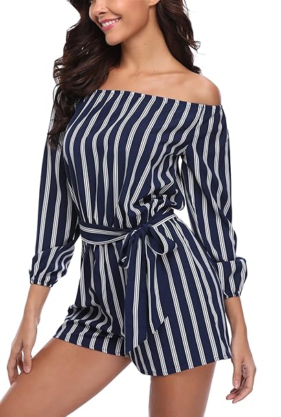 Miss Moly Damen Schulterfrei 3/4 Ärmel Jumpsuit Kurz Playsuit Overal Elegant mit Gürtel