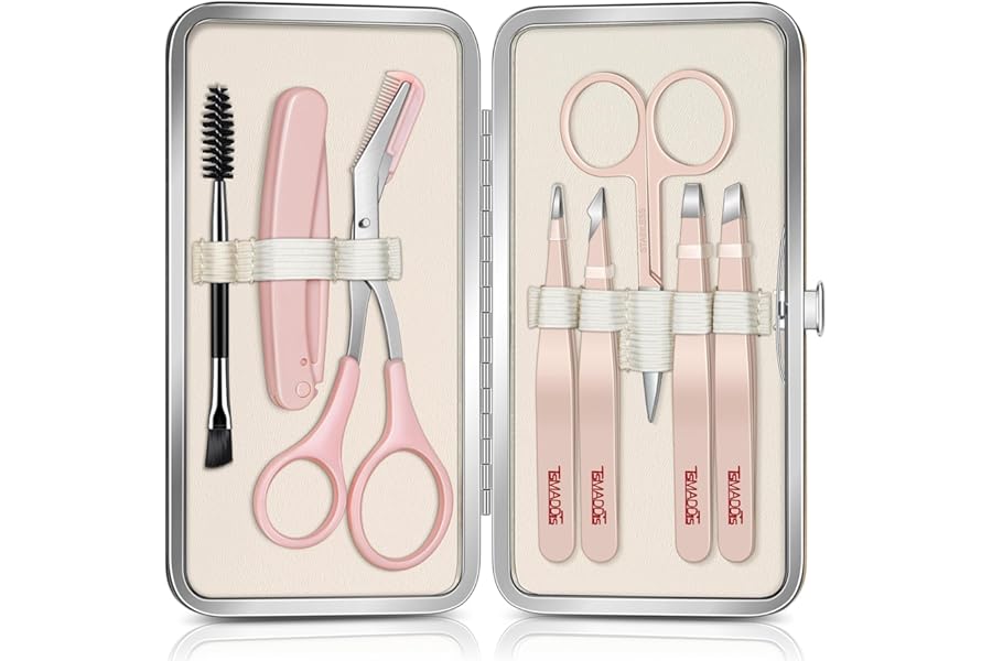 TsMADDTs Tweezers for Women Facial Hair, 8 in 1 Eyebrow Kit with Tweezers, Eyebrow Trimmer Scissors, Razor, Brush with Travel Bag, Hair Plucking Daily Beauty Tools
