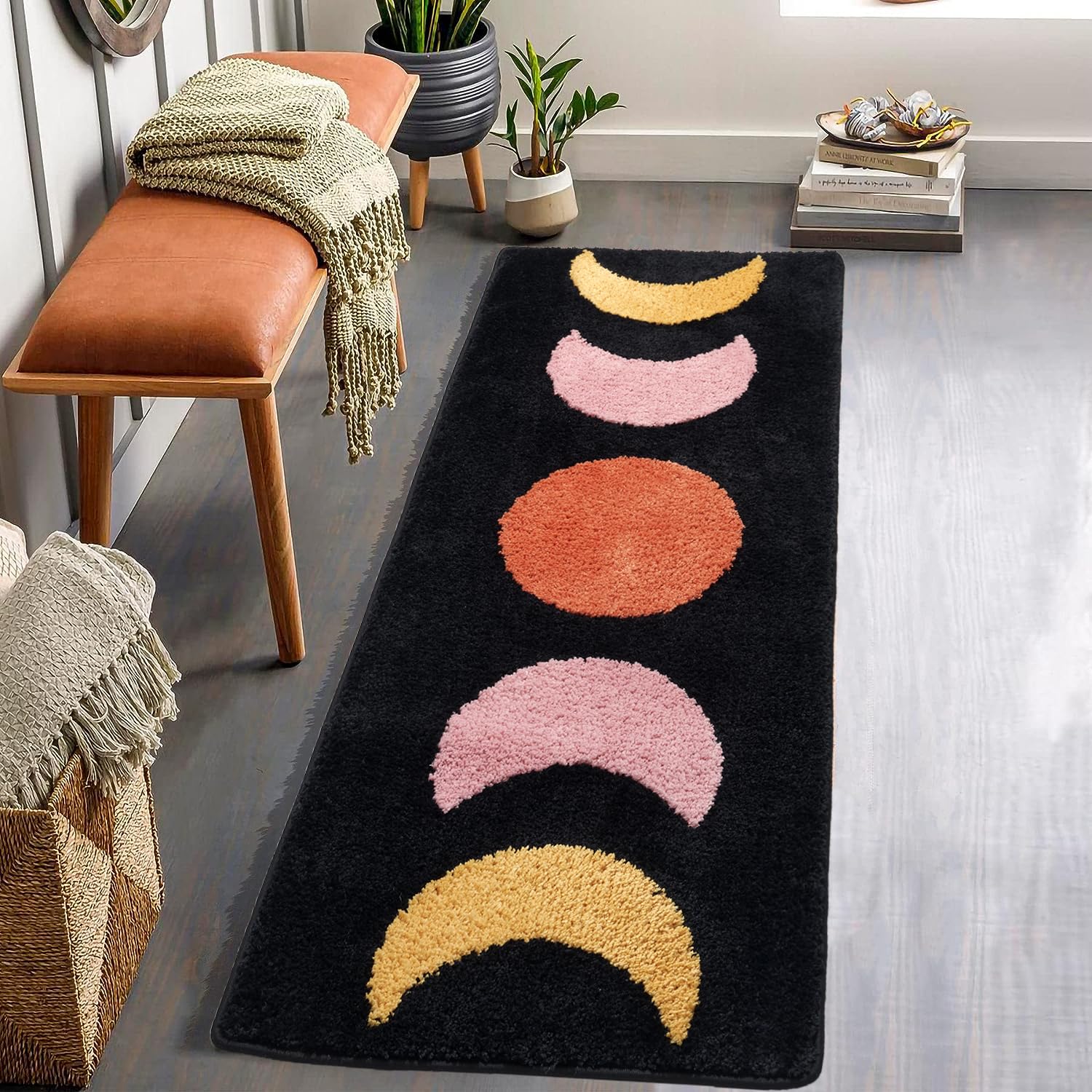 Photo 1 of DyeFury Boho Bathroom Runner Rugs, Moon Phases Bath Mat Long, Non Slip Half Moon Bohemian Rugs Washable, Witchy Bathroom Decor, Water Absorbent Boho Area Rug, Black Bath Mat 50"x20"
