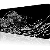 Gaming Mouse Pad for Desk,Large Mousepad Laptop,Black White Japanese Wave Anime Mouse Mat,Long XXL Waterproof Keyboard Pads,Big Non-Slip Computer Mousepads for Game Office Home（31.5 x 11.9 in）