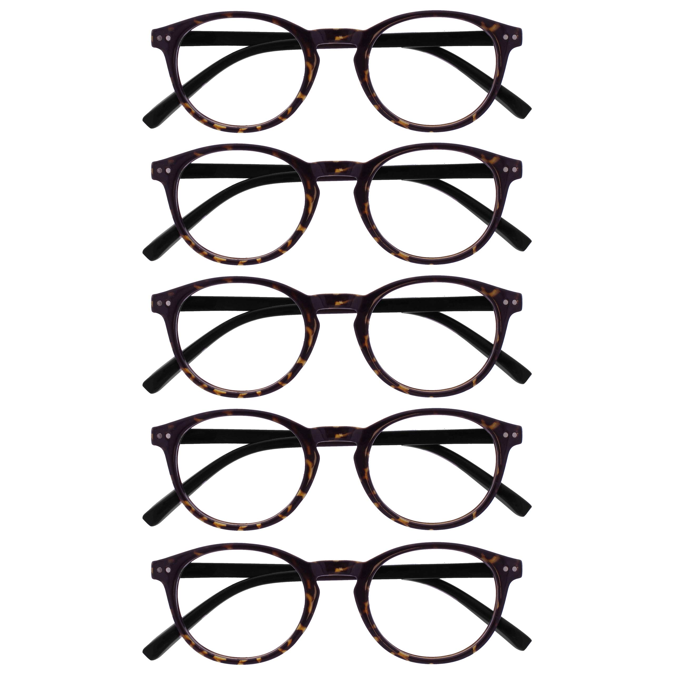 OPULIZE Zen Reading Glasses 5 Pack Cool Round Frame Spring Hinges Scratch Resistant Shiny Dark Brown Tortoiseshelll Mens Womens RRRRR24-2 +1.50