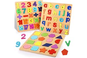YOHELLY Wooden Puzzles for Toddlers Ages 1-3,3 Pack Wooden Alphabet Number Shape Puzzles Toddler Learning Puzzle Toys for Kids Boys & Girls,Early Education Letter Puzzle for Toddlers 2-4 Years Old
