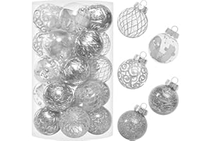 SY SUPER BANG 60MM/2.36" Clear Christmas Ornaments Set, 25PCS Shatterproof Decorative Hanging Ball Ornament with Stuffed Delicate Decorations, Xmas Tree Balls for Halloween Holiday Party - Silver.