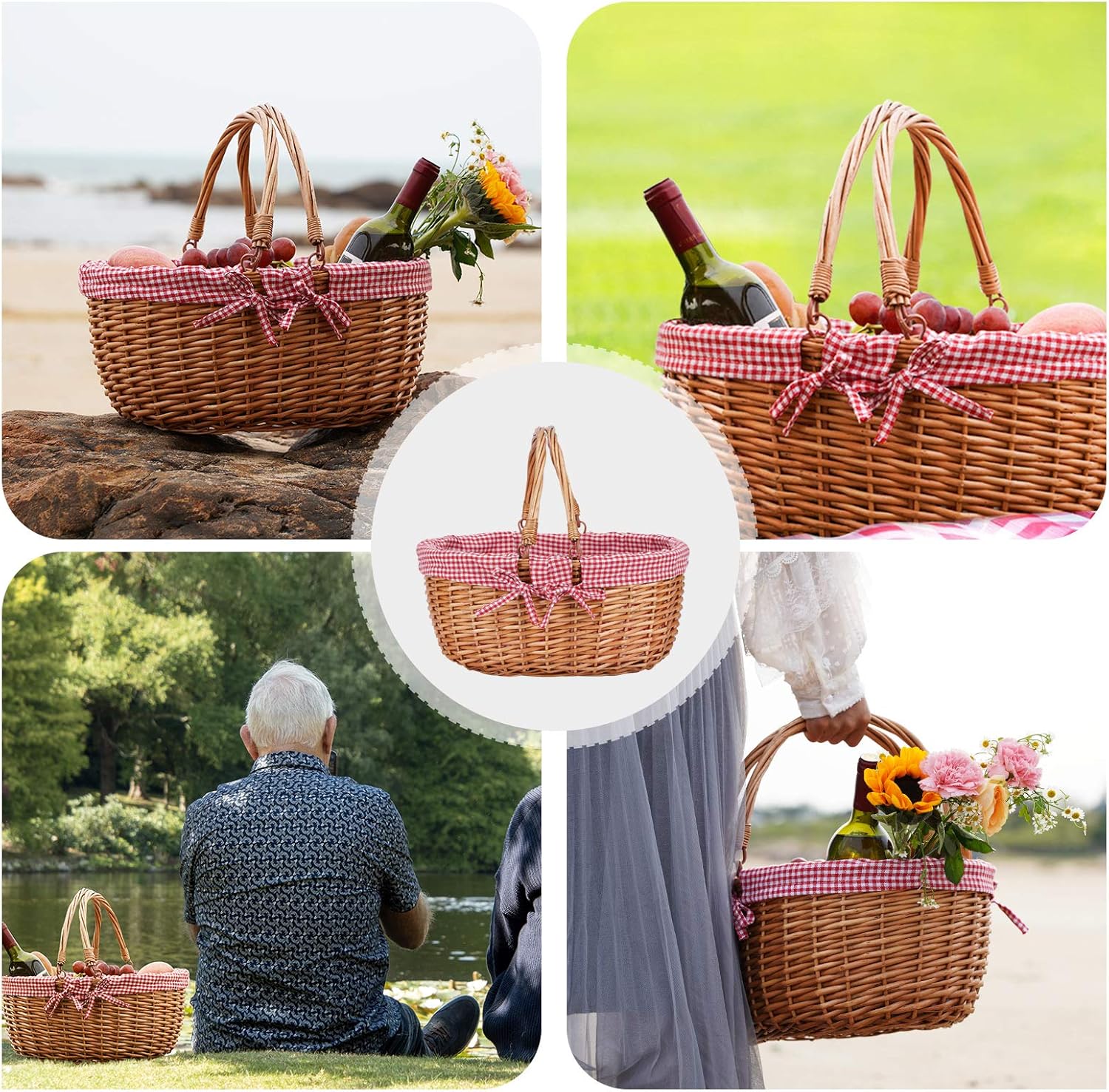 G GOOD GAIN Wicker Picnic Basket with Double Folding Handles,Willow Picnic Hamper,Natural Hand Woven Easter Basket,Easter Eggs and Candy Basket,Bath Toy and Kids Toy Storage,Gift Packing Basket.Red: Kitchen & Dining