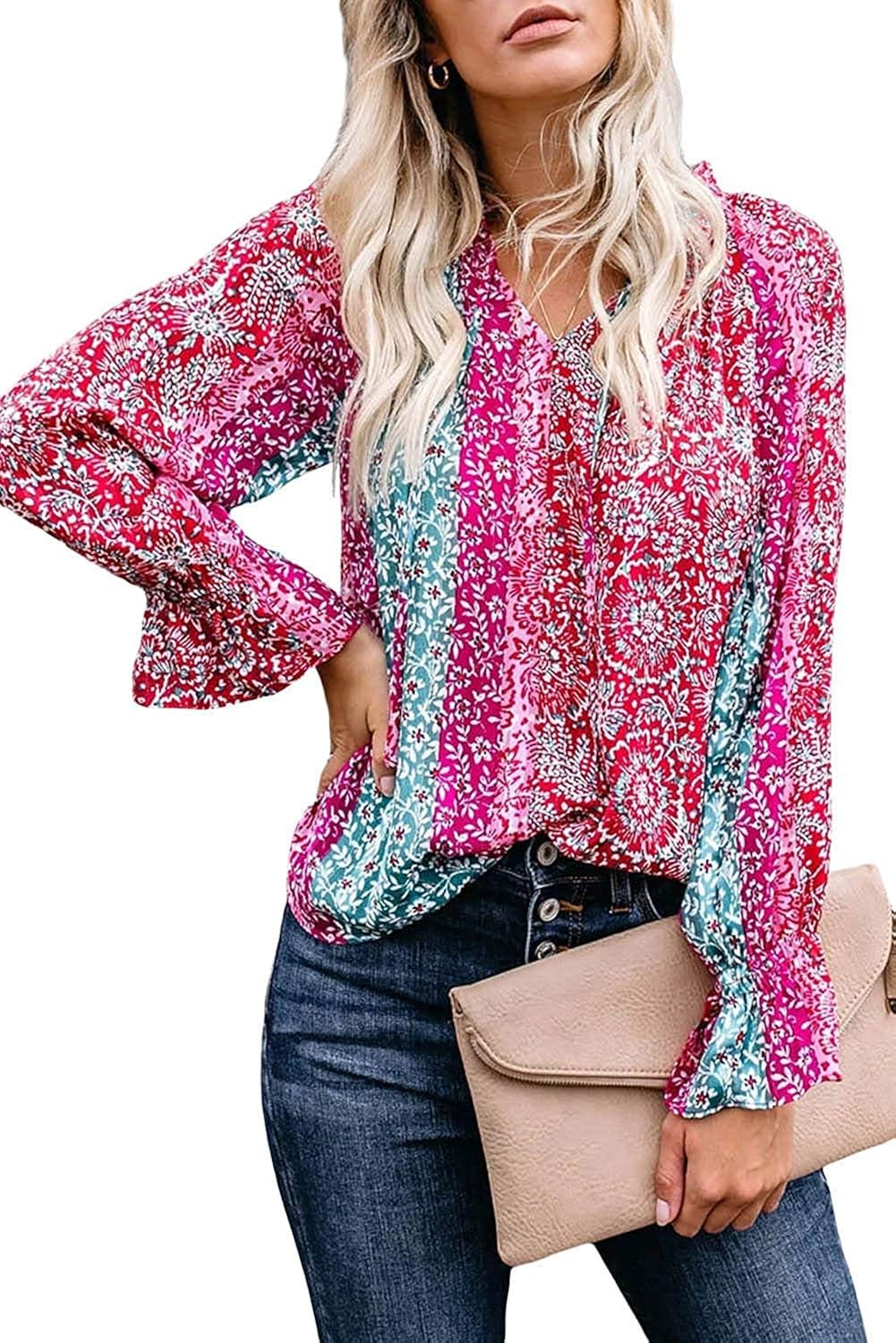 Chemisier Femme OUSIMEN - Col En V, Manches Longues, Tissu Doux - Décontracté Et Élégant - Pour Bureau Et Loisirs