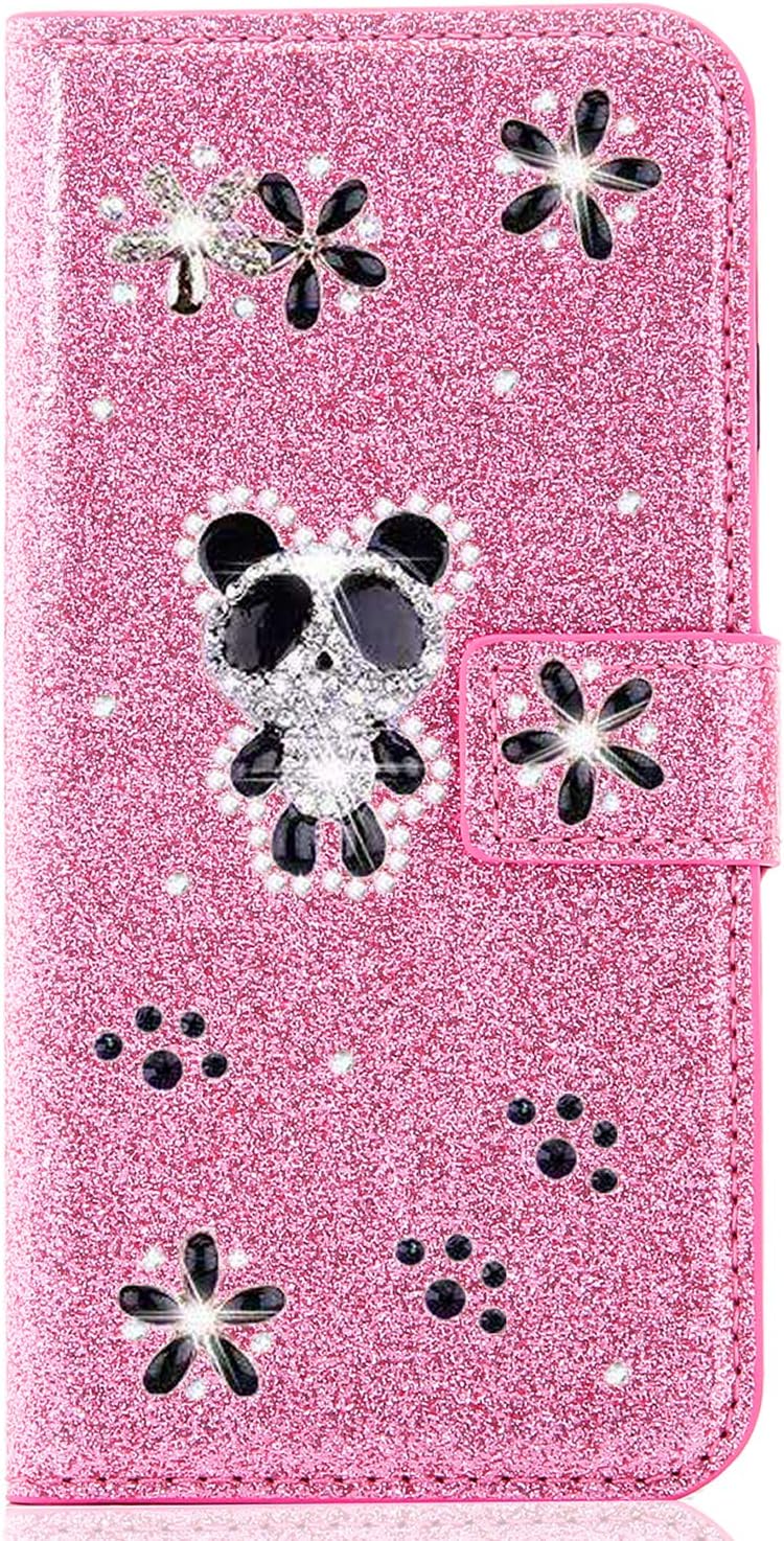 Miagon for iPhone 11 Pro Max 6.5" Glitter Wallet Case,3D Diamond Kickstand Magnetic Bling PU Leather Flip Protective Cover,Panda Pink