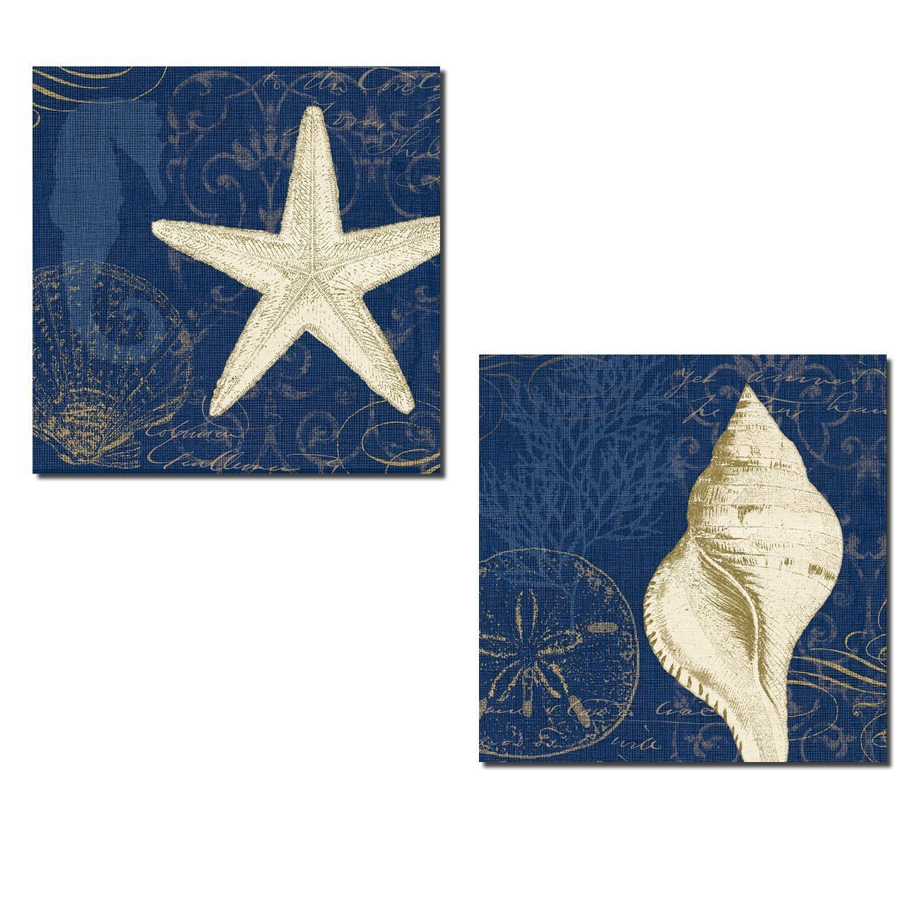 Gango Home Décor Beautiful Dark Blue and Tan Starfish Seahorse Coral Sandollar and Shell Collage Set by Pel Studio; Two 12x12in Paper Posters. Blue/Tan