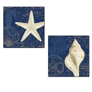 Gango Home Décor Beautiful Dark Blue and Tan Starfish Seahorse Coral Sandollar and Shell Collage Set by Pel Studio; Two 12x12in Paper Posters. Blue/Tan