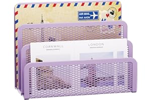 Marbrasse Mail Organizer for Desk, 3-Slot Mesh Metal Mail Holder countertop, Letter Holder, Office Desktop Envelope and Document Storage Rack (Purple)