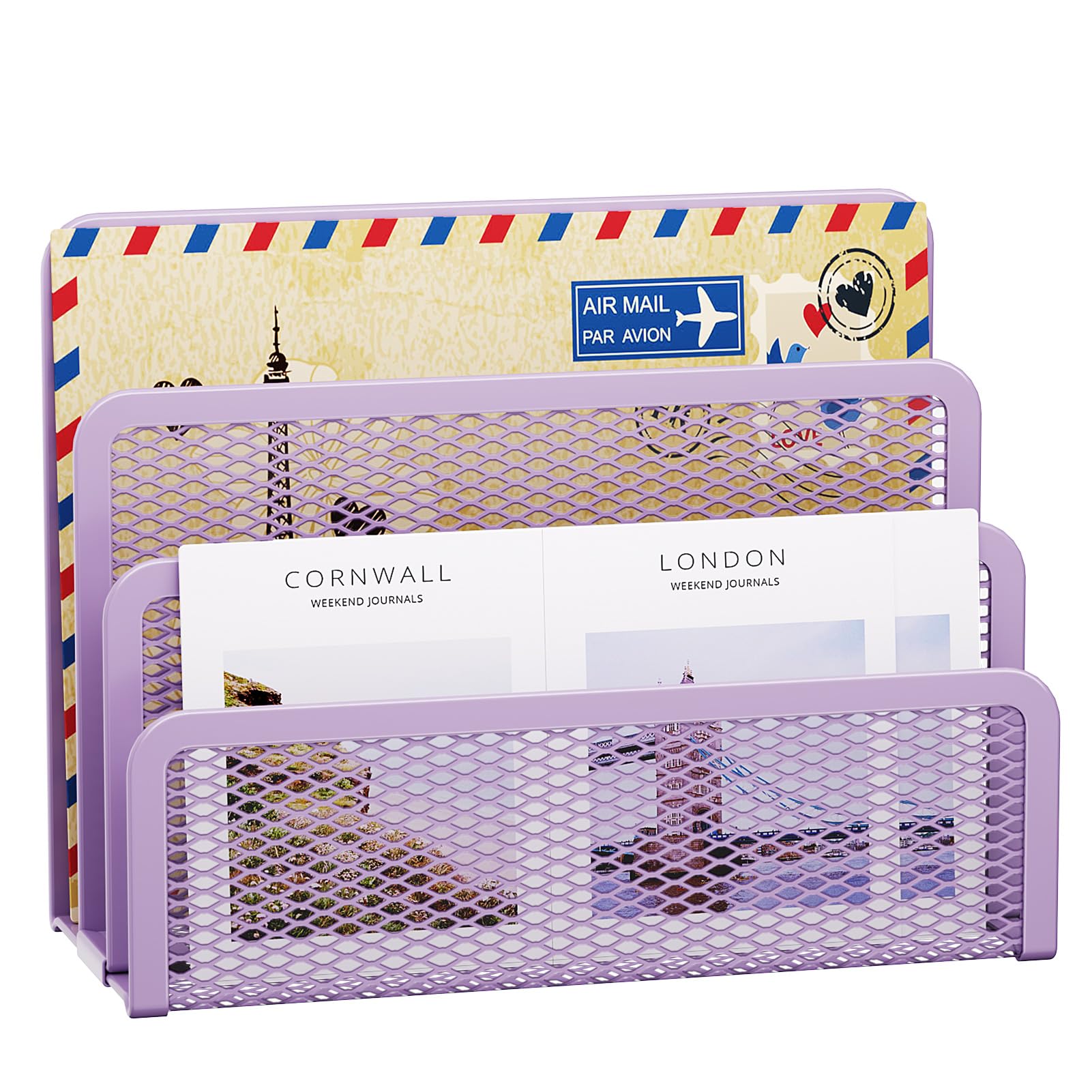 Photo 1 of Marbrasse Mail Organizer for Desk, 3-Slot Mesh Metal Mail Holder countertop, Letter Holder, Office Desktop Envelope and Document Storage Rack (Purple)