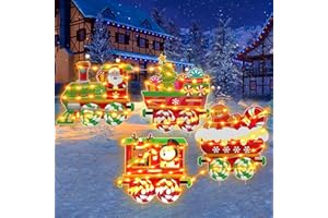 DONSAJI Christmas Train Yard Signs with 200 LED Lights - Xmas Tree Santa Gingerbread Snowman Train Set Lawn Signs with Metal Stakes for Holiday Lawn Garden Yard Outdoor Christmas Decorations, 4 Pack