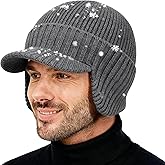 M/L/XL/XXL Waterproof Merino Wool Brim Beanie for Men with Ear Flap, Outdoor Warm Fleece Lined Knit Winter Hat for Big Heads