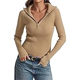 Prettywear 2025 Women's Half Zip Pullover Sweaters V Neck Collared Long Sleeve Ribbed Knit Fall Tops Dressy Casual