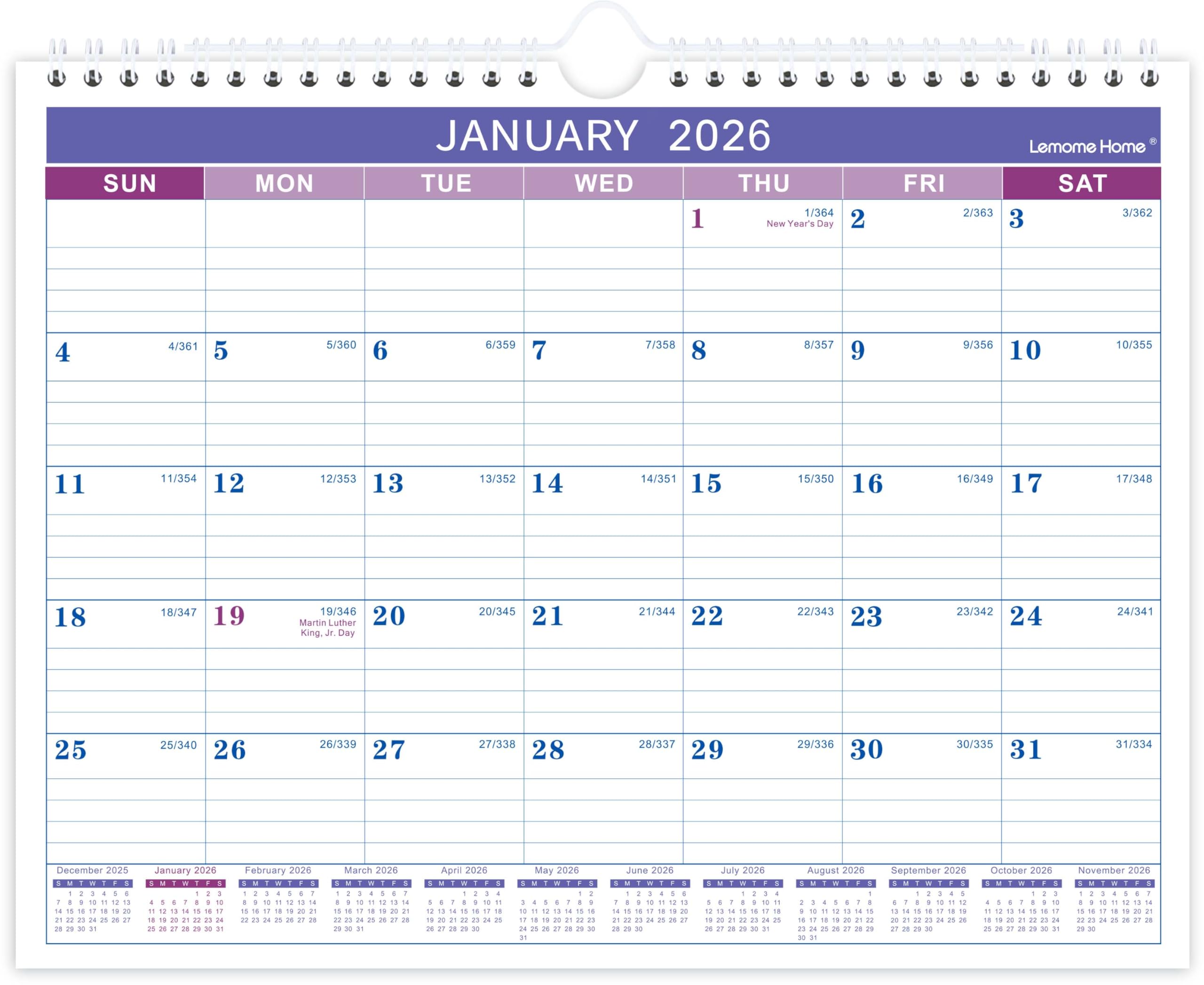 Photo 1 of 2026 Wall Calendar - 2026 Calendar, Jan.2026 - Dec. 2026, 11" x 8.5", 12 Monthly Calendar 2026, Hanging Hook + Ruled Blocks - Purple