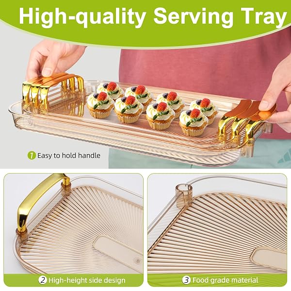 ZUFUDO 3 PACK SERVING TRAY WITH HANDLES, STACKABLE REUSABLE TRAYS FOR SERVING FOOD, PLASTIC SERVING PLATTERS FOR PARTY, CHARCUTERIE, FRUIT, APPETIZER, AMBER GOLD