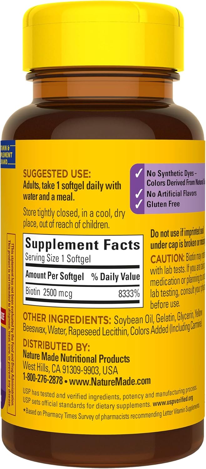 Nature Made Biotin 2500 mcg Softgels 150 Ct, Support Healthy Hair, Skin, Nails† (Packaging May Vary): Health & Personal Care