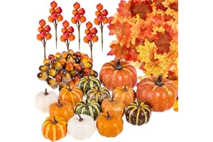 Whaline 160 Pcs Autumn Artificial Maple Leaves, Harvest Pumpkins, Gourds, Acorns and Orange Berry Stems Set, Fall and Thanksgiving Home Table Decoration Halloween Party Decor