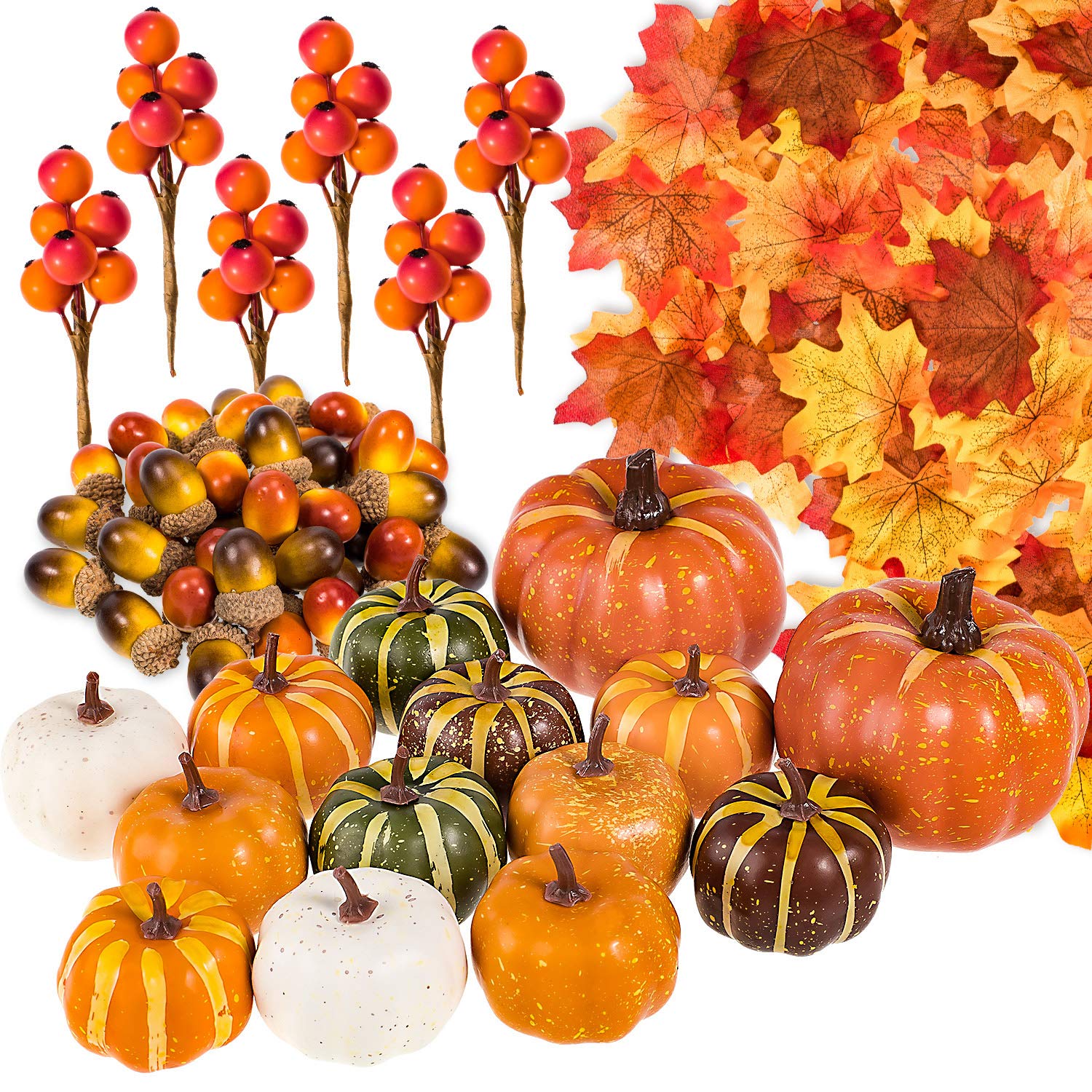 Whaline 160 Pcs Autumn Artificial Maple Leaves, Harvest Pumpkins, Gourds, Acorns and Orange Berry Stems Set, Fall and Thanksgiving Home Table Decoration Halloween Party Decor