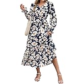 ZAFUL Women's Floral Midi Dress Long Sleeve V Neck Smocked Ruffle Boho Fall Dress