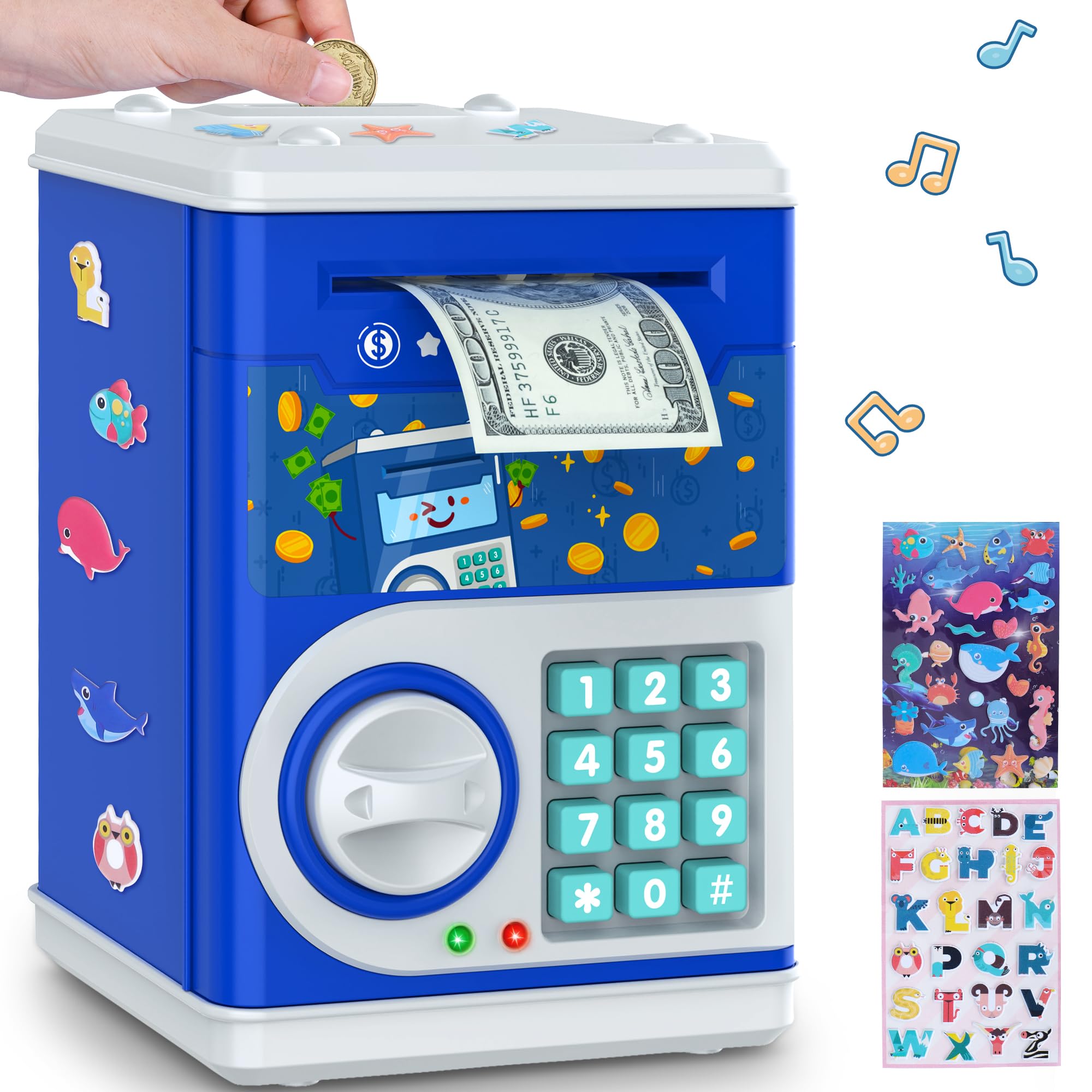 Photo 1 of Dark Blue Piggy Bank for Kids with Password Code Lock and Auto Grab Bill Slot, PhilaeEC Real Money Cash Coin Can Saving Box Electronic Money Safe Bank, Hot Gift for 4 7 8 9 10 11 Year Old Boys Girls