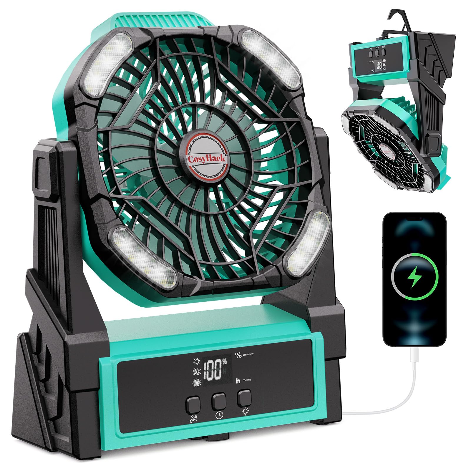 Photo 1 of CosyHack Portable Camping Fan, 20000mAh Rechargeable Battery Operated Fans with Lights, Outdoor Beach Tent Fan, 4 Speed, Adjustable Brightness for Picnic, Barbecue, Fishing, Office, Home (Blue Black)