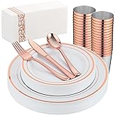 ISFANGCO 175PCS Rose Gold Dinnerware Set for 25 Guests, Rose Gold Rim Plastic Disposable Plates for Party Wedding Include 25 Dinner Plates, Dessert Plates, Silverware Set, Napkins, Cups