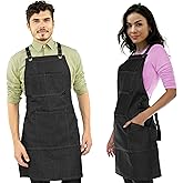 Under NY Sky Essential Black Denim Apron – Cross-Back with Leather Reinforcement – Adjustable for Men and Women – Pro Chef, Tattoo Artist, Baker, Barista, Bartender, Server Aprons