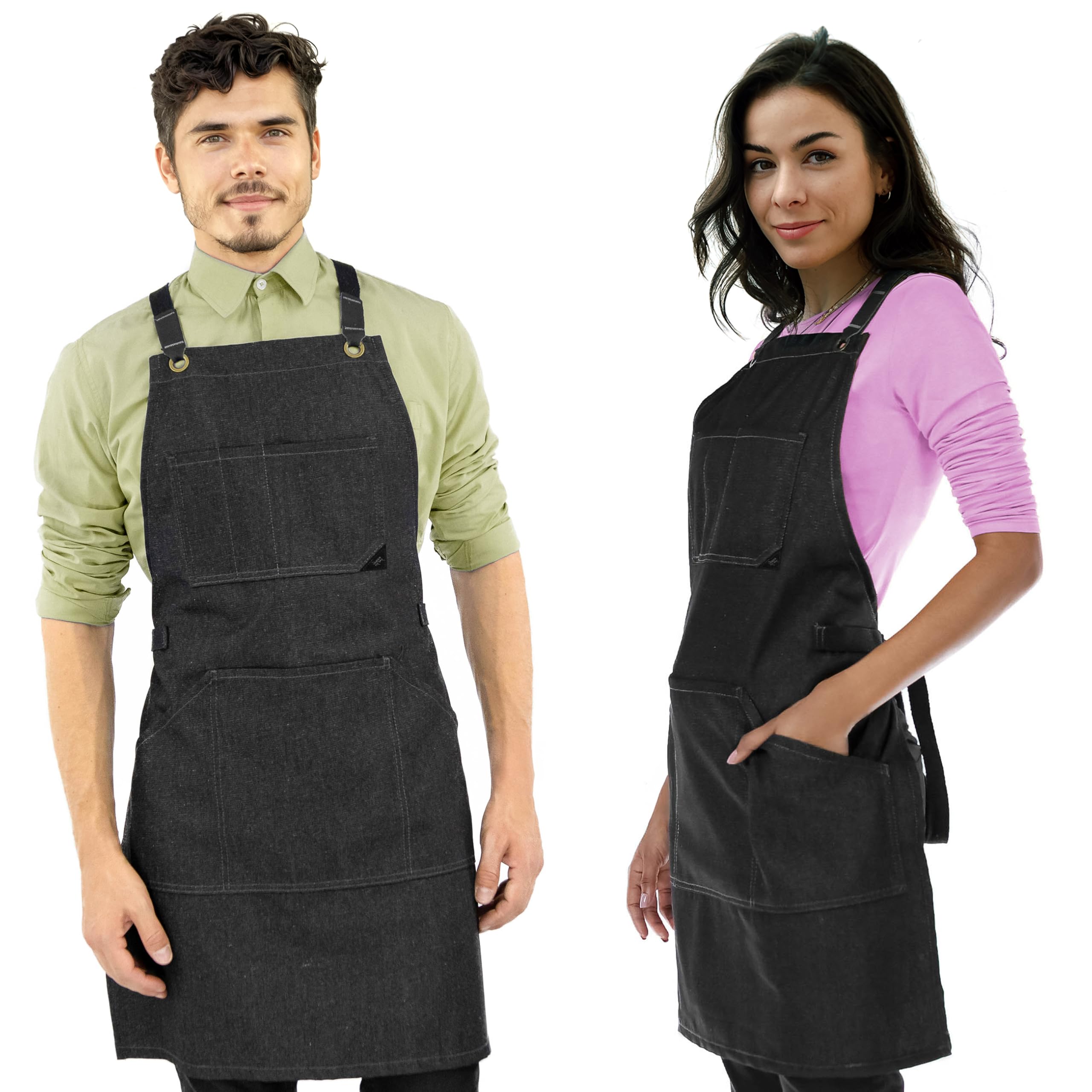 Under NY Sky Essential Apron - Cross-Back with Durable Twill or Denim and Leather Reinforcement (Black Denim)