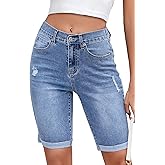 Metietila Women's High Waisted Bermuda Denim Shorts Folded Hem Elastic Waist Stretchy Jean Shorts